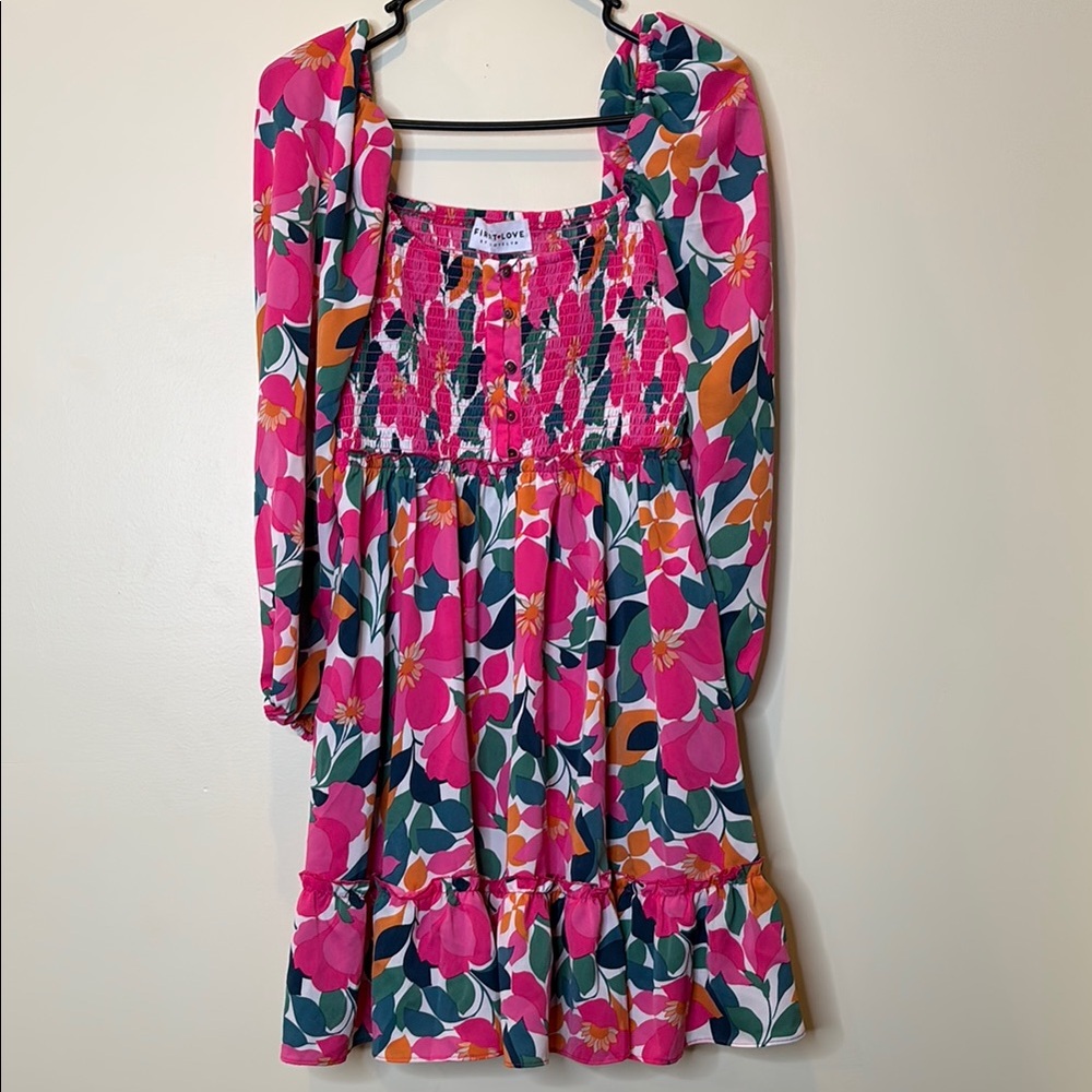 First Love Pink Square Neck Bishop Sleeve Dress